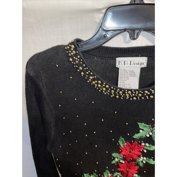 B.P. Design Women’s Christmas Sweater Size Small Black Floral Holly Gold Beads - Picture 5 of 12